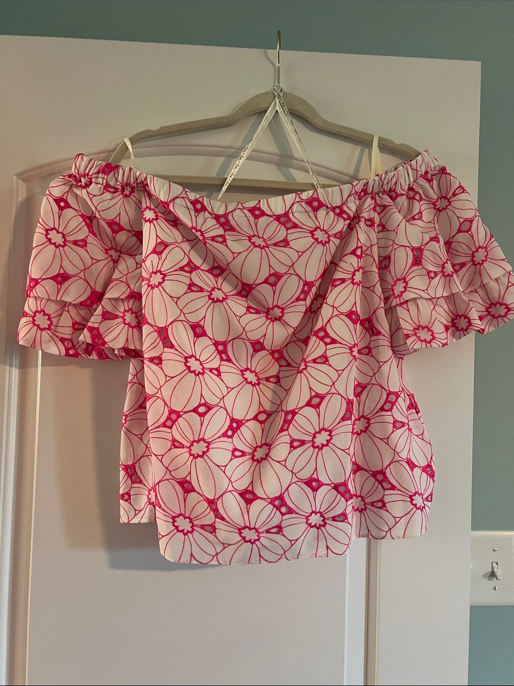 Lilly Pulitzer Pink and White Off-Shoulder Floral Crop Top